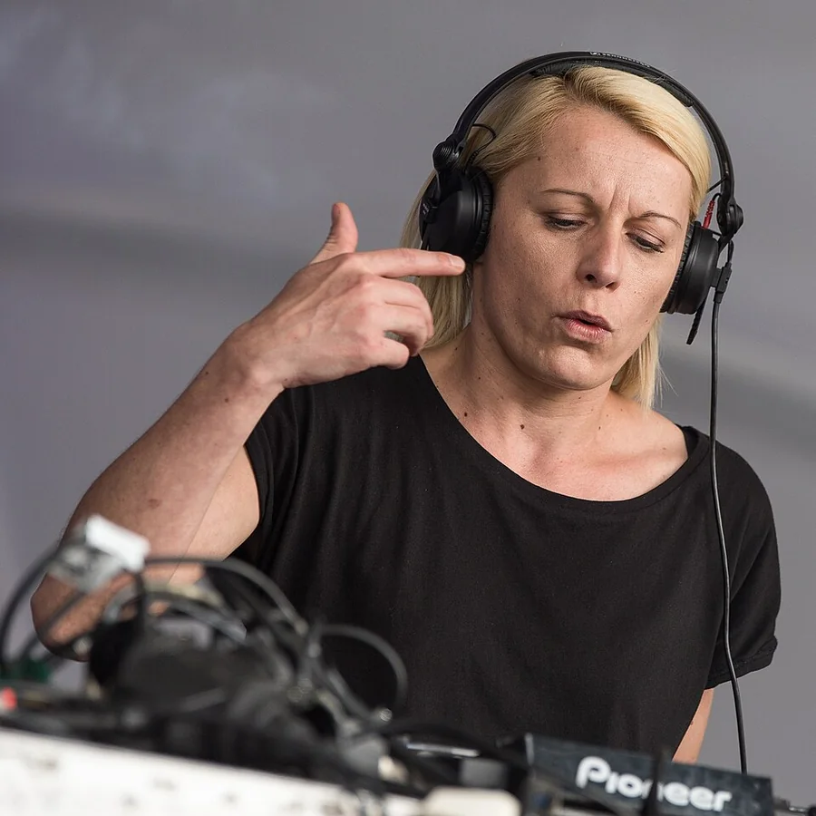 Klaudia Gawlas DJing at Open Beatz 2016, her complete face and head in the original photograph; archival photo of a billed performer at E1: MARIE VAUNT & KLAUDIA GAWLAS, not this event