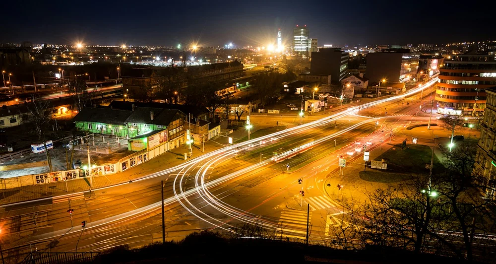 Authentic night photograph of illuminated streets and traffic in Brno