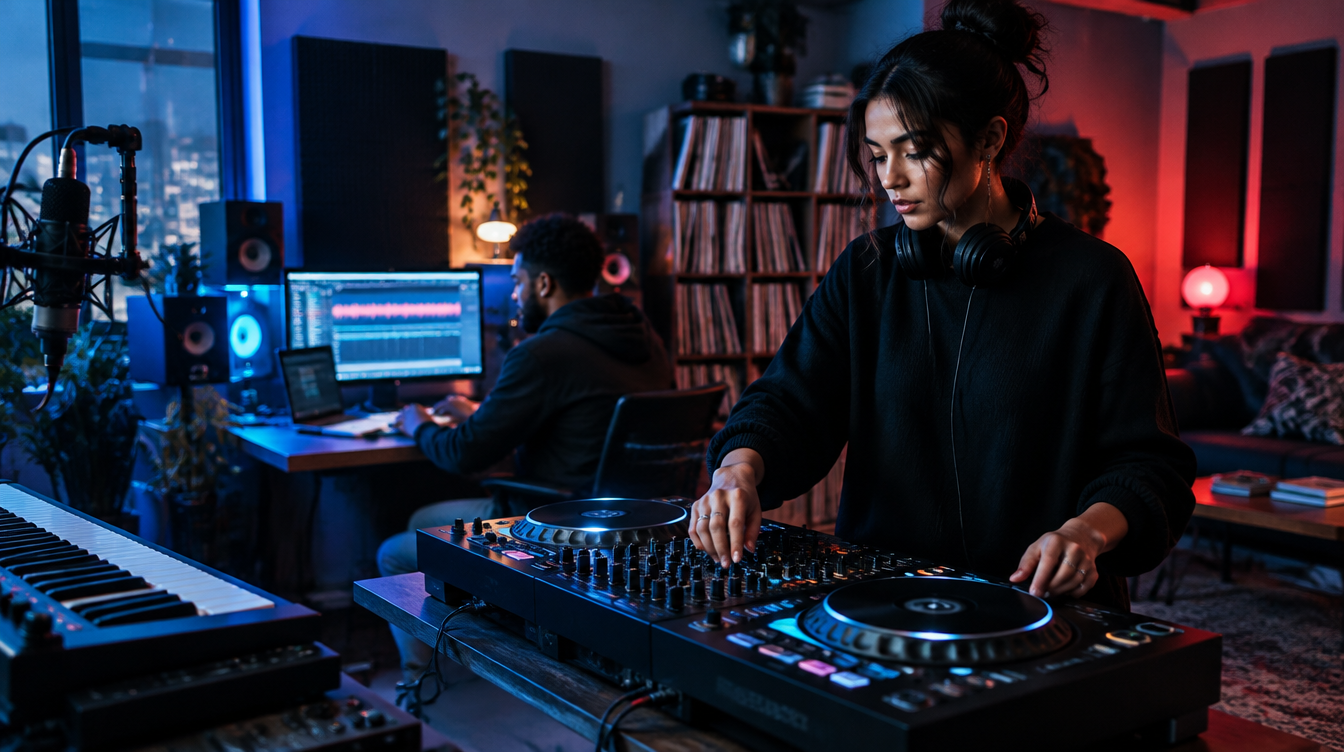 A DJ working at the mixing desk in a music studio