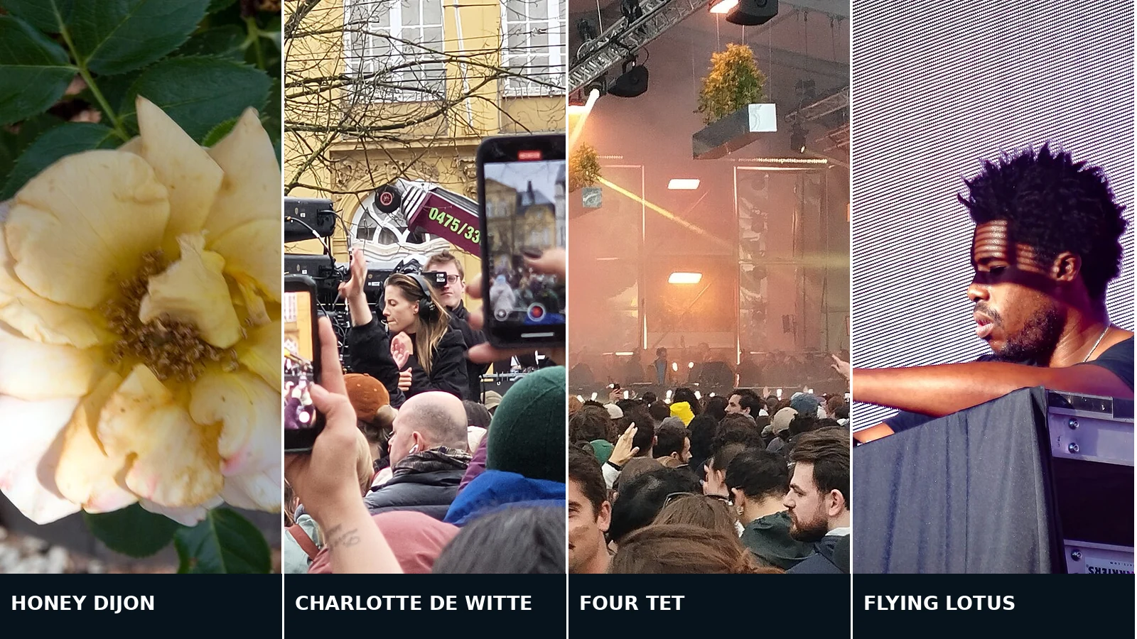 Authentic photographs of confirmed III Points 2026 artists: Honey Dijon, Charlotte de Witte, Four Tet, and Flying Lotus; not the official event flyer