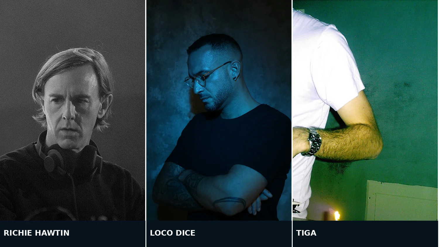 Authentic photographs of confirmed Time Warp LA 2026 artists Richie Hawtin, Loco Dice and Tiga; not an official flyer