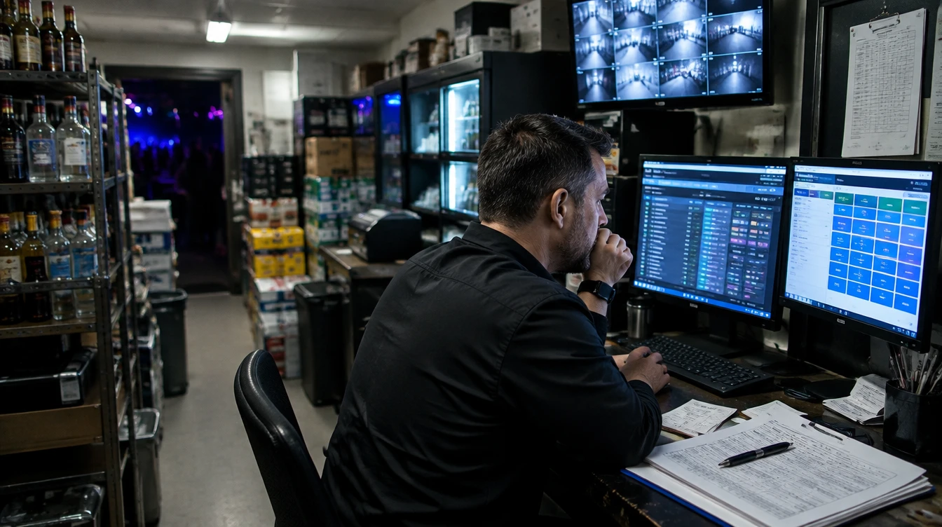 Venue operator working at a desk with production screens